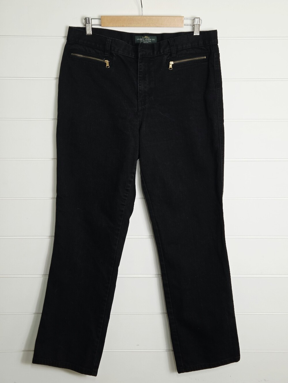 Ralph Lauren Black Women's Straight-Leg Jeans with Gold Zippers Size 14P